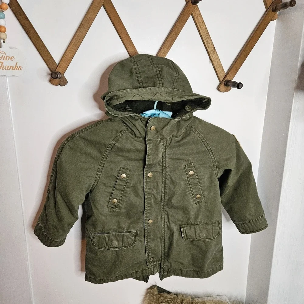 Zara Baby Boy‎  Army Green Faux Fur Hooded Winter Jacket Coat Size 18 24 Months